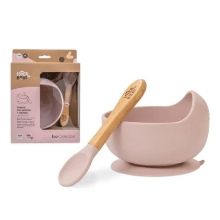 Cuenco con ventosa y cuchara de silicona rosa Interbaby